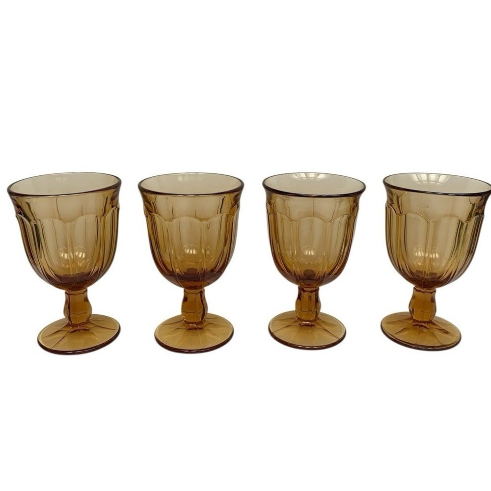 Vintage Noritake Amber Glass Goblets Set of 4 Brown Paneled Scalloped Rim 5.5"